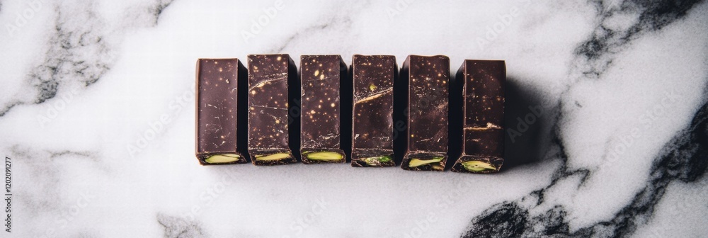 Poster indulgent chocolate bar filled with creamy pistachio paste displayed on a marble surface. generative