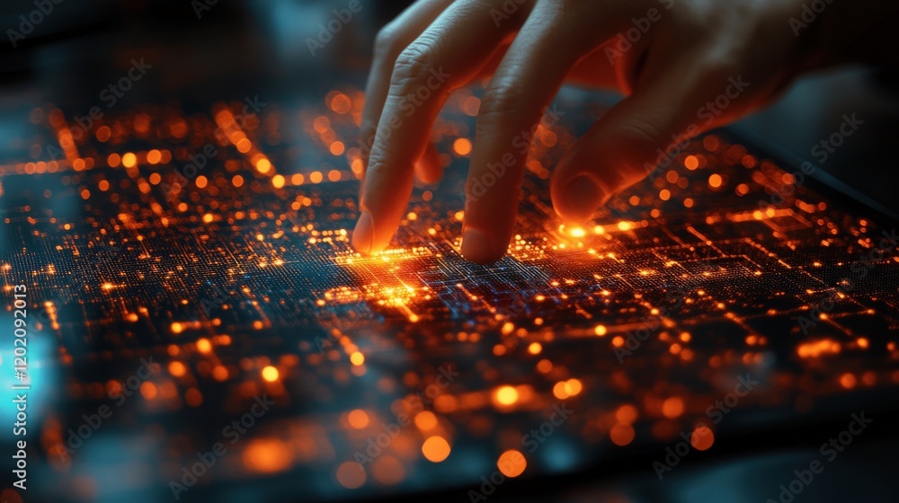 Poster close-up of a human finger touching a digital electronic circuit on a display with glowing orange li