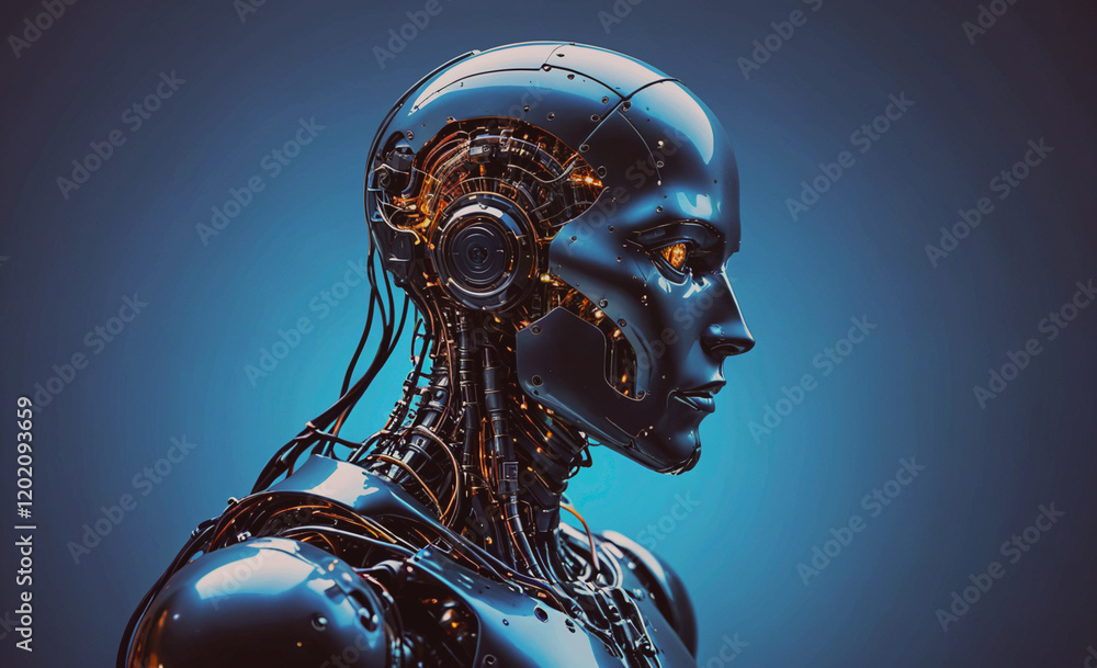 Aufkleber A robot with a face made of metal and wires. The robot has a metallic head and a metallic body. The robot is designed to look like a human, but it is not