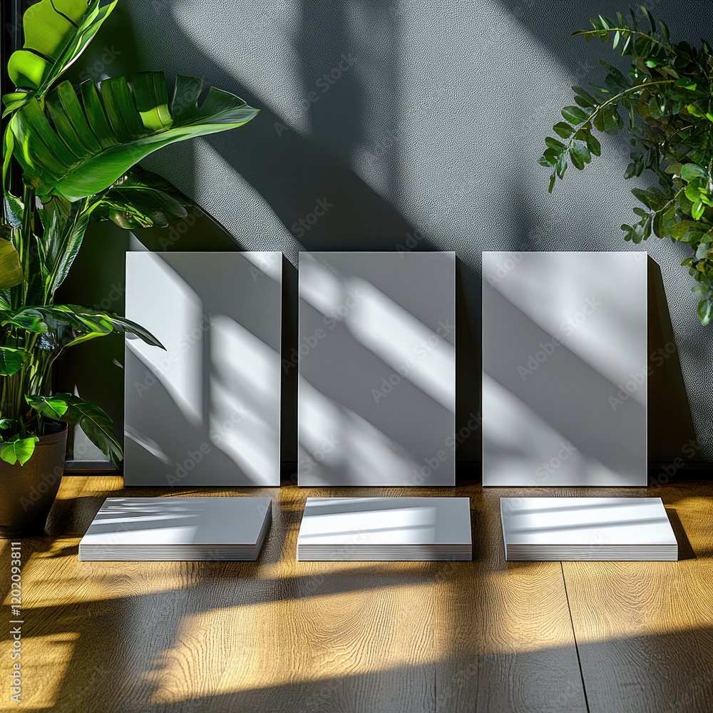 Poster sunlight illuminates blank canvases and paper stacks, creating a serene and minimalist workspace moc