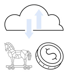 Cloud with up and down arrows, hollow dollar coin, and geometrical Trojan horse on wheels. Ideal for cybersecurity, finance, cryptocurrency, cloud computing, data security, financial technology