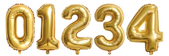 Set of letters "0, 1, 2, 3, 4, " alphabet made of golden balloons isolated on transparent background with outline. Concept for design.