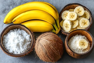 Ripe bananas, coconut and coconut flour in wooden bowls