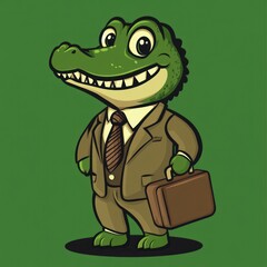Smiling crocodile businessman briefcase green background, illustration