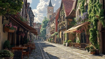 Obraz premium Sunny cobblestone street, medieval town, cafes, church tower. Postcard, tourism