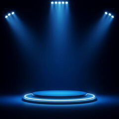 Blue Spotlight on Empty Stage with Round Podium
