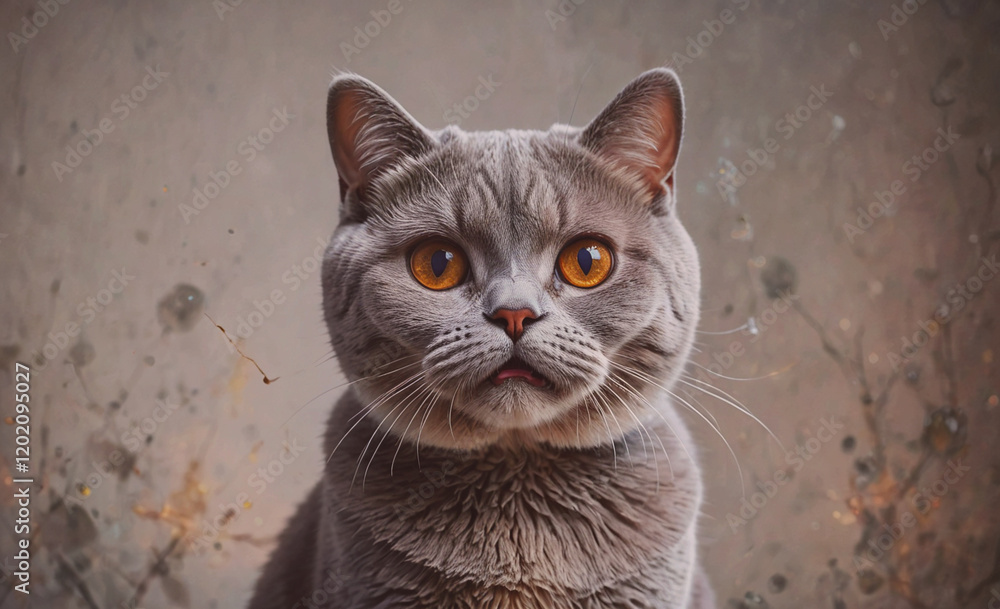 Poster a grey cat with yellow eyes is staring at the camera. the cat has a very cute and friendly expressio