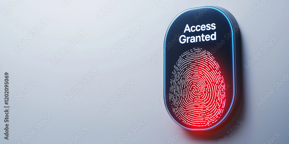Poster modern biometric security system with fingerprint recognition and access granted indication on a sle