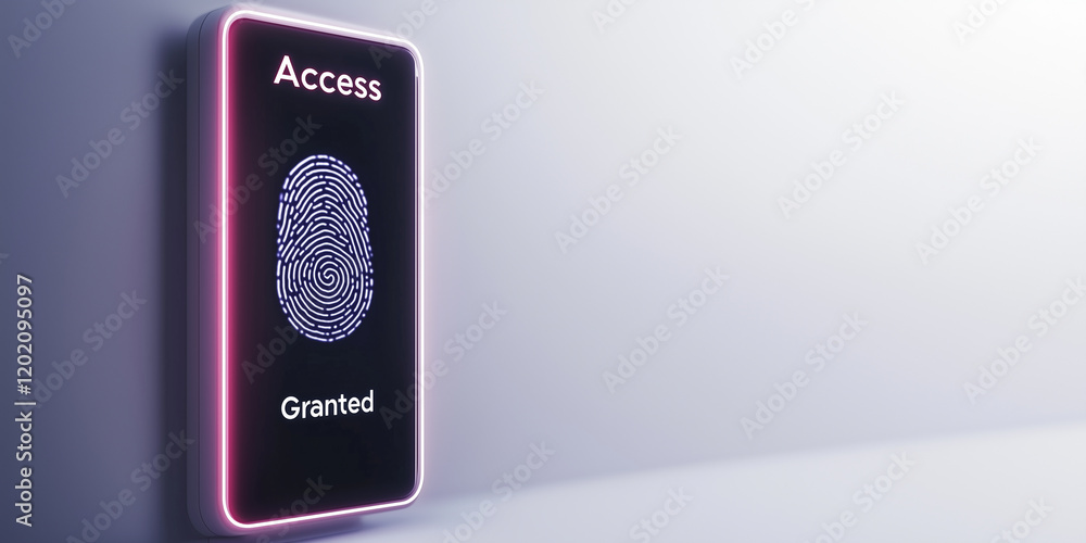 Poster futuristic fingerprint scanner access control system granting permission to users in a modern techno