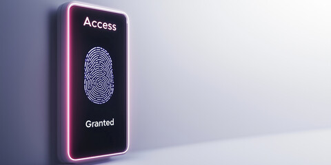 Futuristic fingerprint scanner access control system granting permission to users in a modern technological environment with neon lighting effects