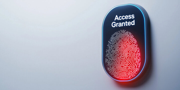 Modern biometric security system with fingerprint recognition and access granted indication on a sleek wall-mounted panel