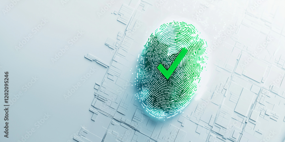 Poster green digital fingerprint with check mark symbolizing security and authentication in modern technolo