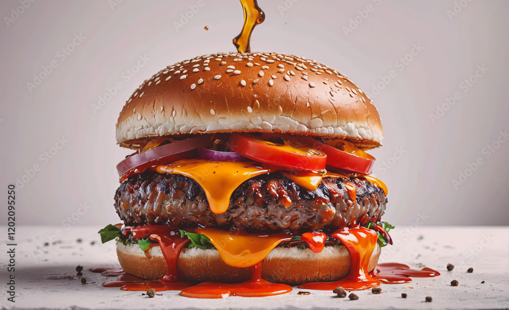 Poster a burger with melted cheese and tomato slices on top. the burger is dripping with sauce, giving it a
