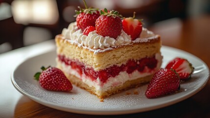 Delicious Slice of Strawberry Cream Cake Decorated with Fresh Strawberries and Whipped Cream on a White Plate in a Cozy Café Setting