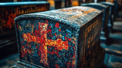 Weathered cross on crypt tomb in catacombs, blurred background