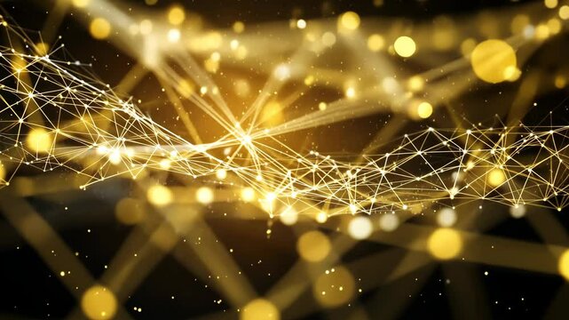 Abstract golden light background with glowing lines and stars on a black background. Big data, technology, or science concept.