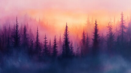 Misty Forest at Dusk: A Serene Landscape Painting with Soft Purple and Orange Hues