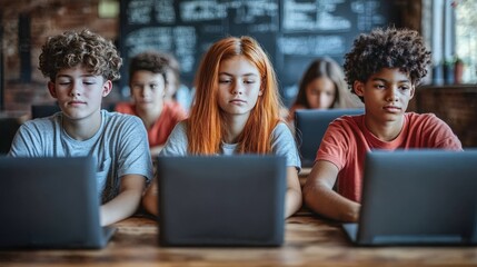 Focused Youth Engaging in Online Learning in a Modern Classroom Setting, Emphasizing Collaboration and Technology Integration for Educational Growth