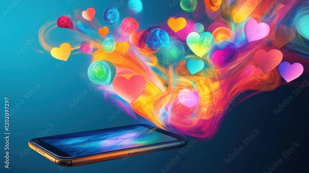 Poster bright chat bubbles and hearts flow out of a smartphone in a lively digital interaction. generative 