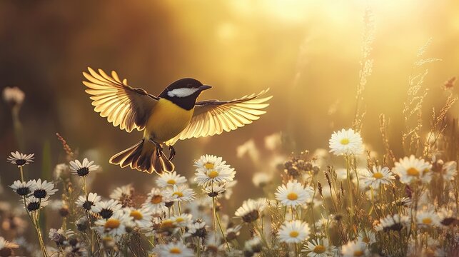 "A vibrant yellow tit soars gracefully over a field of white daisies on a sunlit summer evening, wings spread wide."
