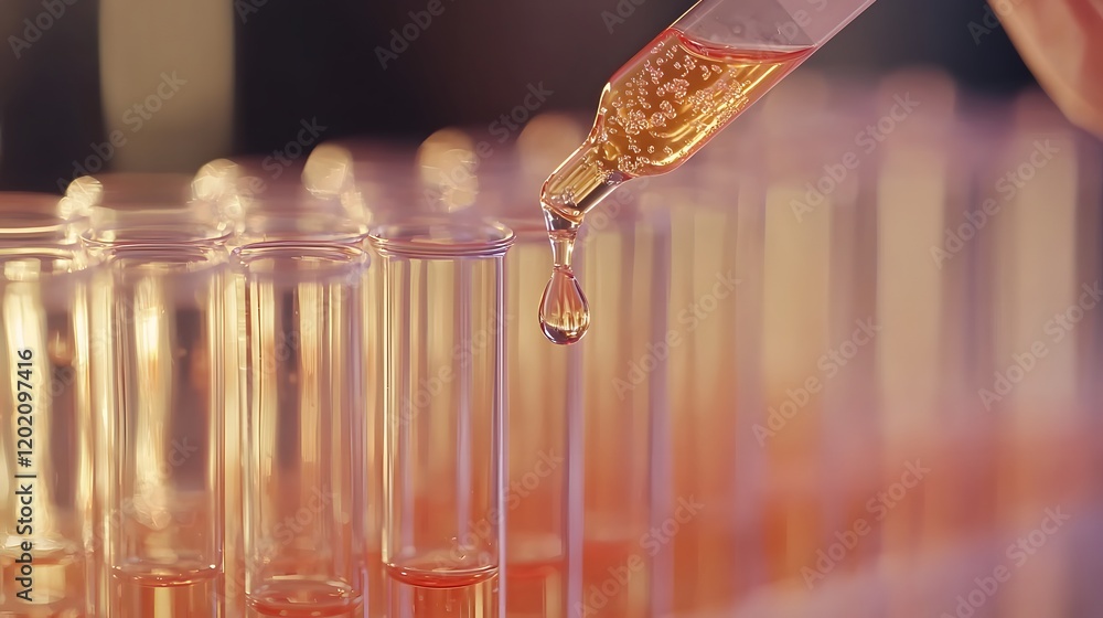 Poster close up view of a laboratory pipette precisely dropping liquid into a row of transparent test tubes