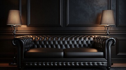 Luxurious black leather chesterfield sofa illuminating dark interior design
