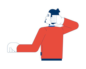 Caucasian businessman thinking and rubbing back of head 2D cartoon character. Corporate man in thoughtful pose isolated person flat vector on white background. Spot illustration colorful