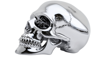 Silver skull with reflective chrome surface, isolated on transparent background