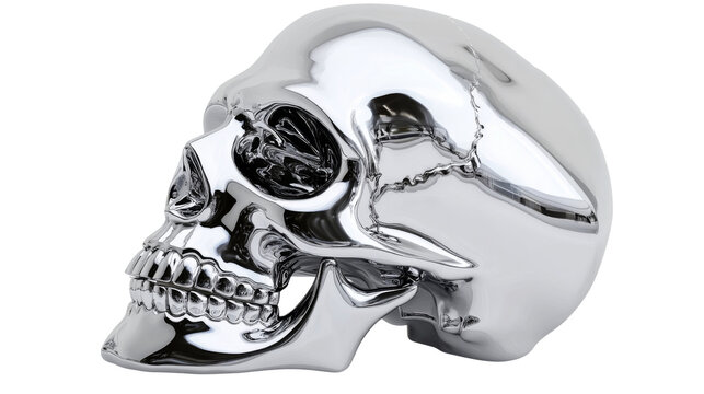 Silver skull with reflective chrome surface, isolated on transparent background