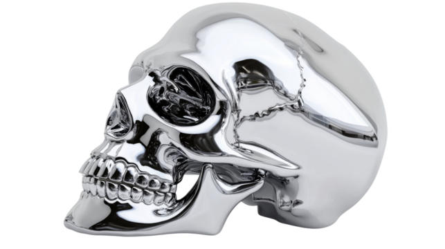 Silver skull with reflective chrome surface, isolated on transparent background