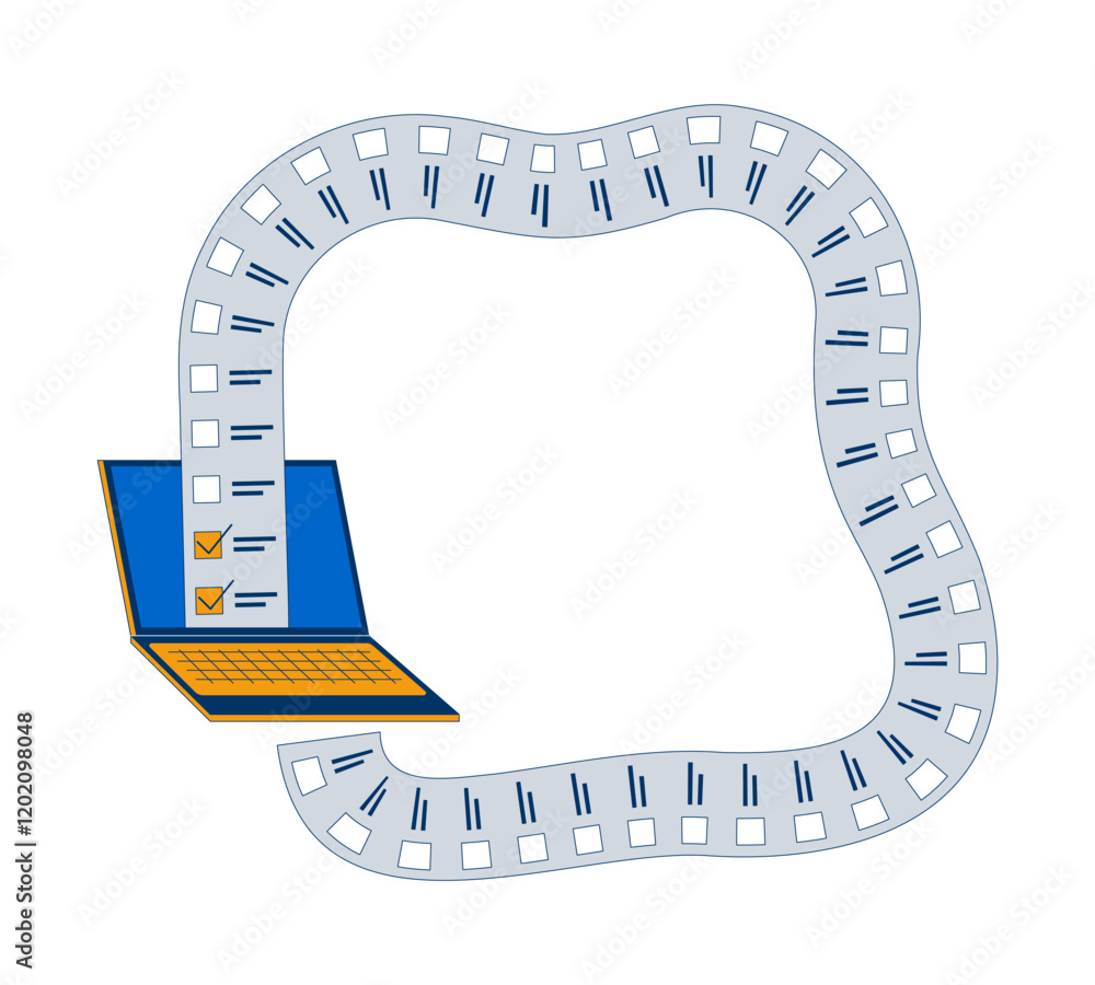 Poster laptop with continuity list tasks emerging 2d cartoon object. workflow automation checklist. digital