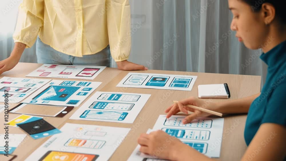 Poster panorama video of startup company employee planning on user interface prototype for mobile applicati