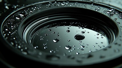 Wet camera lens with water drops, close-up, dark background
