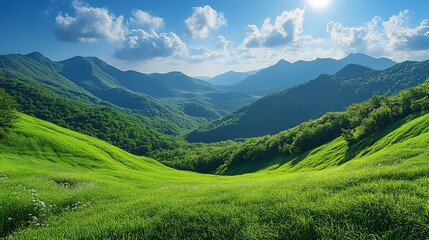 Obraz premium Sunny mountain valley, green hills, summer landscape, nature background, travel poster