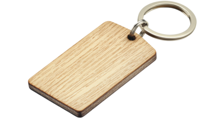 Wooden keychain tag with a metal ring, isolated on transparent background