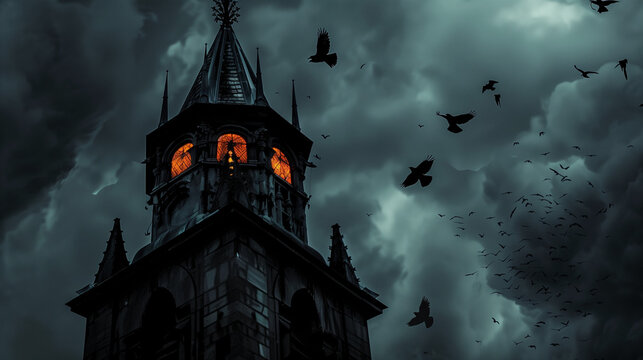 Gothic Bell Tower with Crows at Night