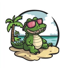 Naklejka premium Cool crocodile relaxing on beach, tropical scene, summer fun, vacation apparel