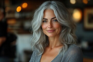 Obraz premium elegant mature woman with silver hair in modern salon interior, soft window light highlighting her confident smile while stylist works on her hair
