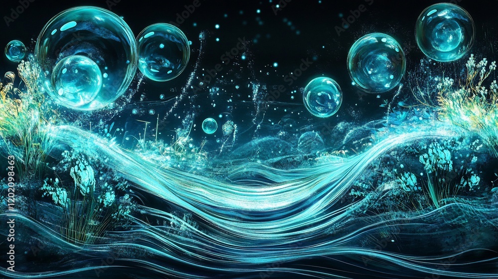 Poster abstract cyan bubbles and waves with light streaks on dark background sci-fi scene