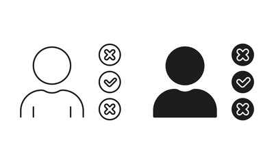 Business Roles, Flowchart of Work Responsibility Pictogram. Management Organization Line and Silhouette Icon Set. Man with Job Duty Checklist Symbol. Editable Stroke. Isolated Vector Illustration