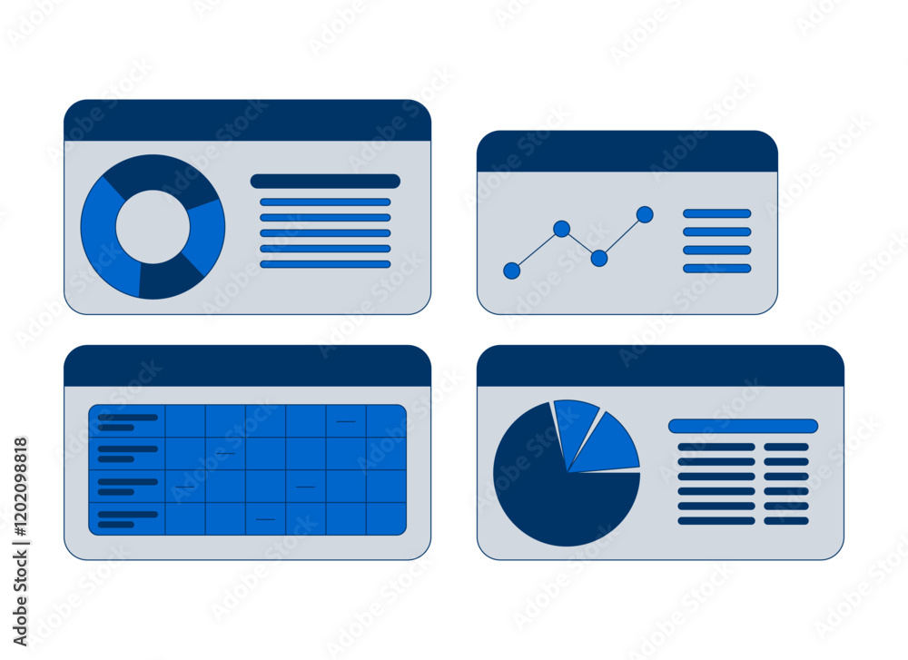 Poster business dashboard with pie charts and graphs 2d cartoon objects set. data analysis, analytics repor