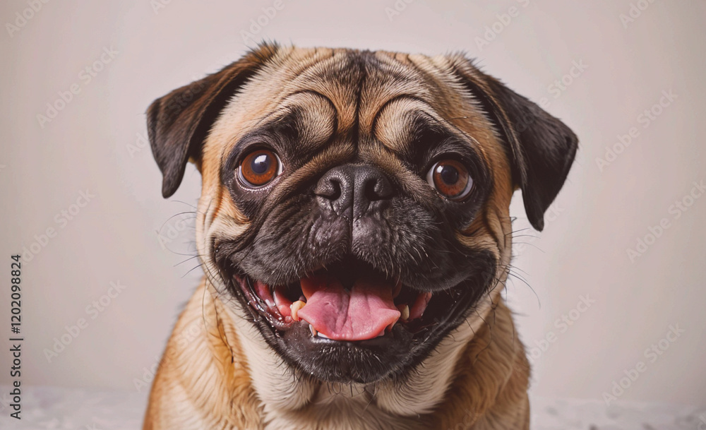 Poster a happy looking pug dog with its tongue out. the dog is smiling and he is enjoying the moment