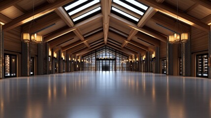 Bright and spacious interior with a stunning wooden and glass ceiling, illuminated by natural light and stylish hanging lamps