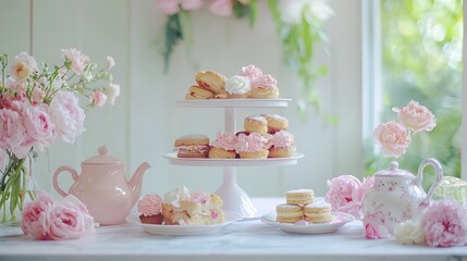 Pink floral tea party scene with scones and cream
