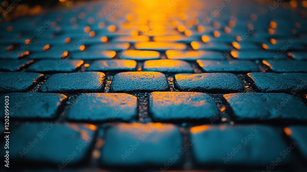 Poster wet cobblestone path at night with glowing light in background