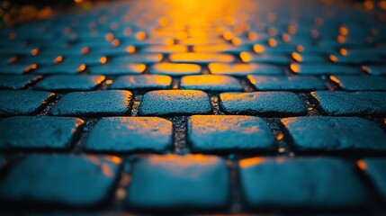 Obraz premium Wet cobblestone path at night with glowing light in background