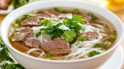 Image of rice and Vietnamese pho with beef and herbs in a traditional Vietnamese bowl, emphasizing aromatic and flavorful qualities. Ideal for Vietnamese cuisine and noodle soups.