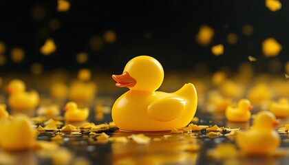 Yellow Rubber Duckling Amidst Golden Petals: A Playful, Minimalist Scene