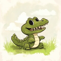 Fototapeta premium Happy baby crocodile outdoors, sunny day, grass background, children's book illustration