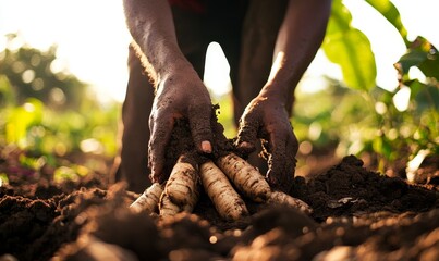 Farmer Harvesting Fresh Cassava Roots in Field
